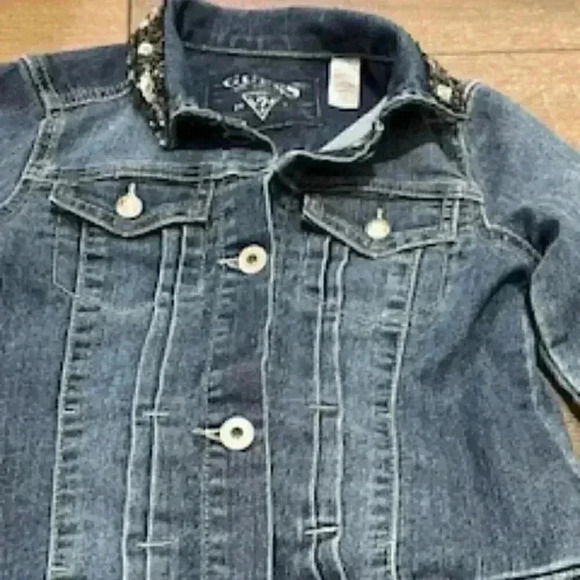 Guess Girls Denim Jean Cropped Embellished Jacket Size 7 - Picture 8 of 12